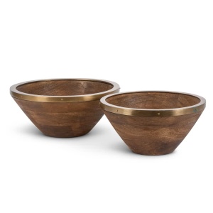 Set of 2 Antiquity Stained Mango Wood Bowls with Metal Rim