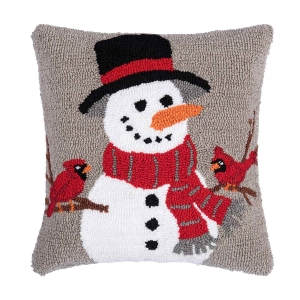 Grey Snowman and Cardinals Hooked Pillow