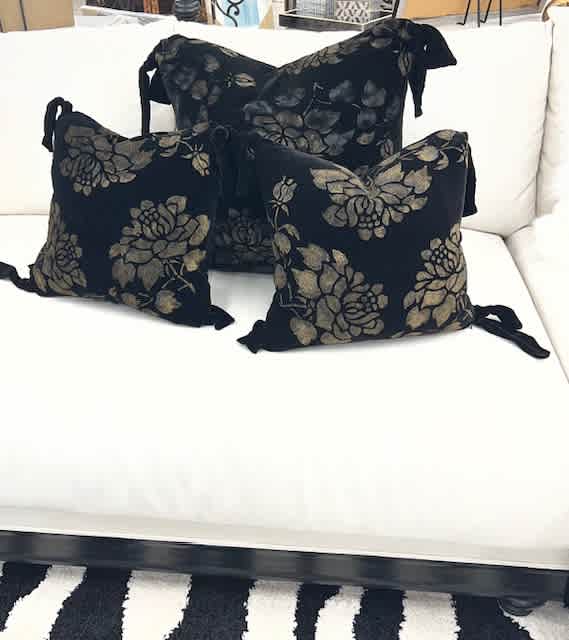 18x18 Hand Painted Silk Velvet Black and Gold Floral Pillow