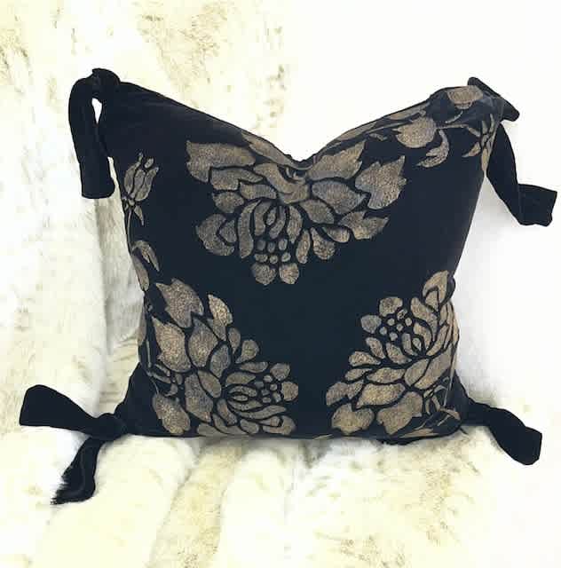 18x18 Hand Painted Silk Velvet Black and Gold Floral Pillow - Image 2