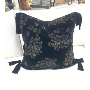 25x25 Hand Painted Silk Velvet Black and Gold Floral Pillow