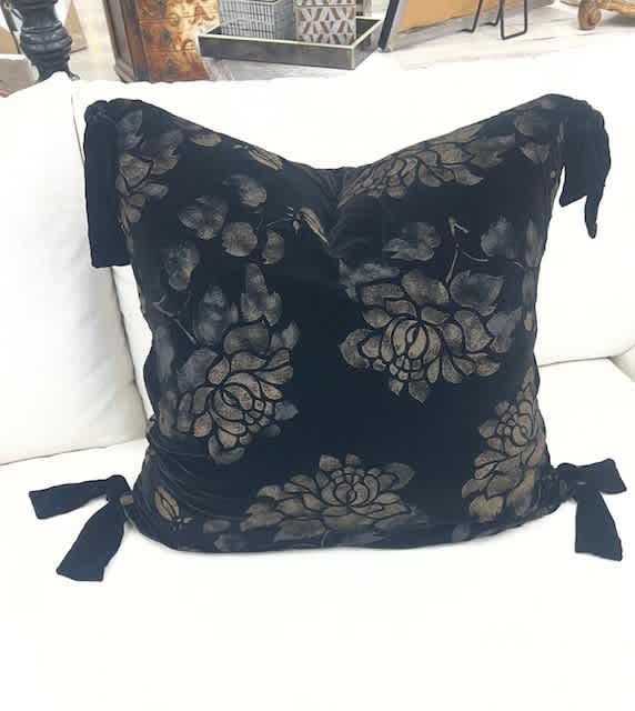 25x25 Hand Painted Silk Velvet Black and Gold Floral Pillow