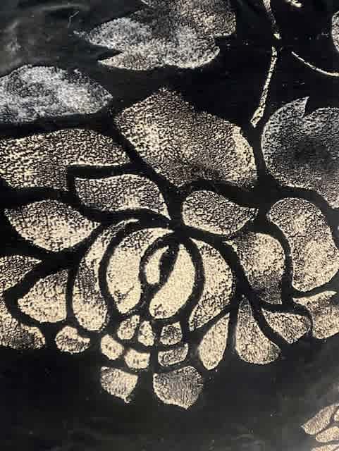 25x25 Hand Painted Silk Velvet Black and Gold Floral Pillow - Image 3