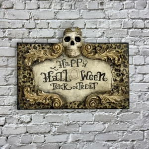 Leopard Happy Halloween Plaque with Skull